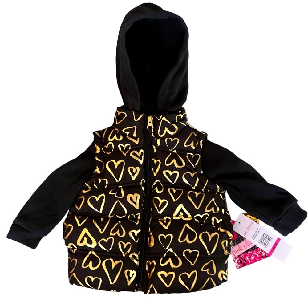 Pink Platinum Girls Hooded Foil Heart Winter Puffer Coat